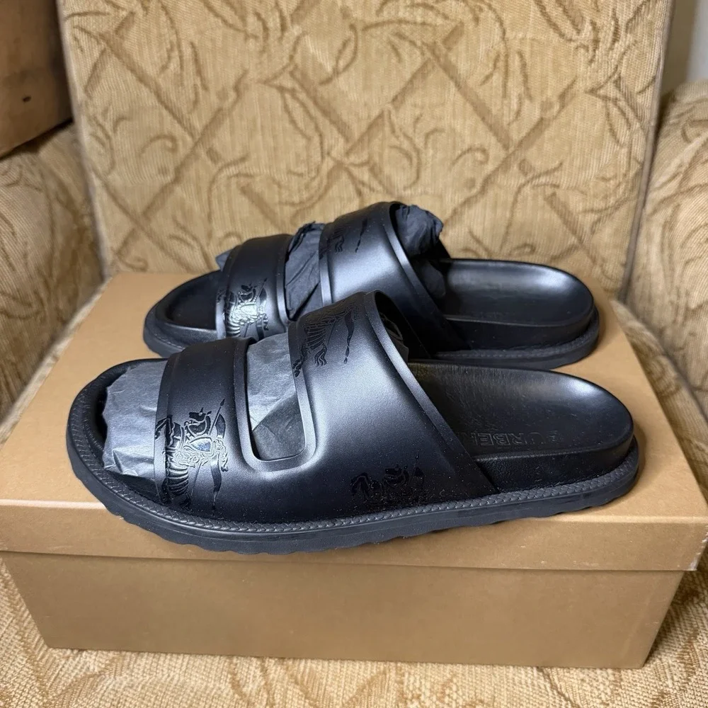 Burberry London England EKD Embossed Leather Slides Black Men's Size US 7 UK 6